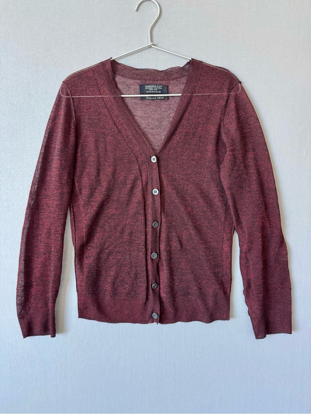 AllSaints Vintage Burgundy V-Neck Lightweight Semi-Sheer Cardigan - Italian Yarn
